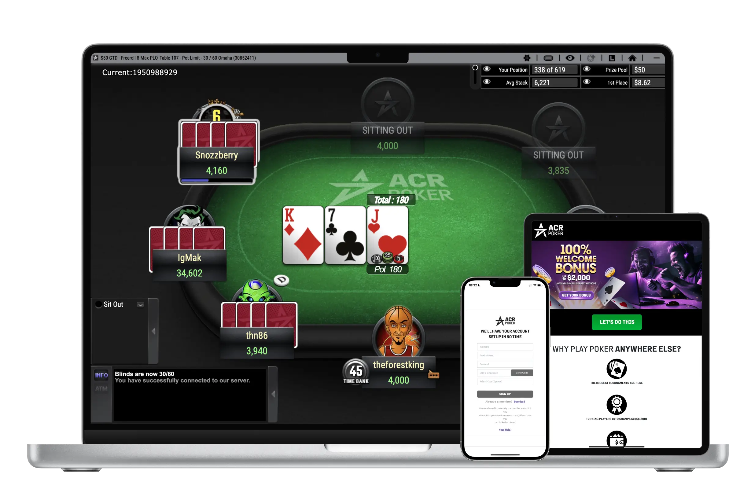 Online Poker Table on ACR Poker Platform, Compatible with Windows, MacOS, Android, and iOS Devices